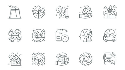 Renewable energy icons set in outline stroke design for web. Pack line pictograms with industry, green plant, global warm, recycling, wind turbine, forest,cardboard reuse, other. Vector illustration.