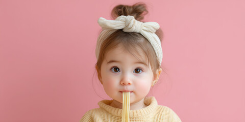 Fototapeta premium Funny cute baby girl eating spaghetti on a colorful background