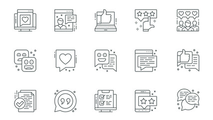 Review icons set in outline stroke design for web. Pack line pictograms with online feedback, comment, user experience, like, rating, audience, negative, positive, heart, other. Vector illustration.