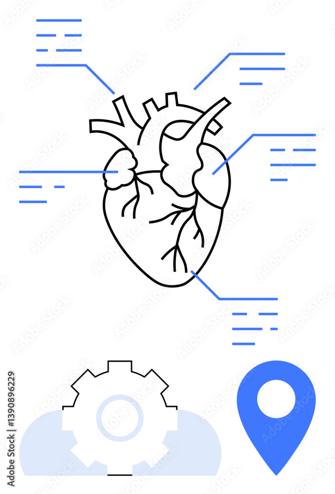 Poster anatomical heart with labeled data lines, gear for system processes, and a location pin. ideal for h