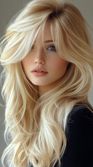 Fototapeta premium A beautiful blonde model with medium-length curly hair smiles confidently, showcasing her stylish balayage and shatush hair color. Her wavy curls highlight modern fashion, beauty, and hair care.