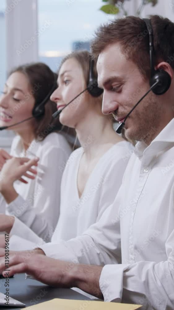 Poster call center agents working hard in a modern office to assist clients and build relationships