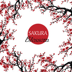 Realistic Sakura Blossom - Japanese Cherry Tree. Artistic Branch Plum Blossom. Vector