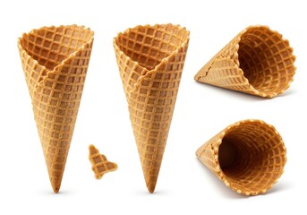 A collection of crispy waffle ice cream cones presented on a clean white background in a studio shot