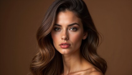 Naklejka premium A striking portrait of a woman with long flowing hair and natural makeup, posing elegantly. The soft, warm tones highlight her stunning features, creating a timeless and artistic visual design.