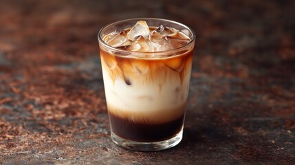 Iced coffee with milk and ice cubes in a glass on a dark background