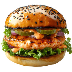 Sweet Chili Salmon Burger Isolated on Transparent Background