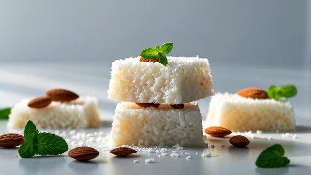 Delicious dessert made with coconut, milk, and sugar on a white backdrop.
