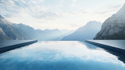 Serene Infinity Pool Overlooking Majestic Mountains and Calm Waters Under a Soft Sky