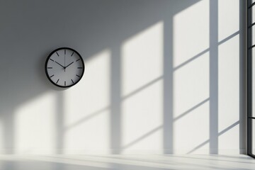Minimalist, sunlit room with wall clock