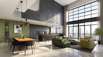 A double-height living room with an open kitchen, featuring a dark gray and green leather interior