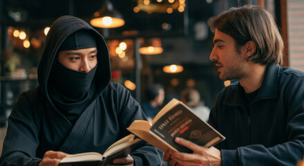 Asian male ninja and caucasian male young adults reading books in modern cafe