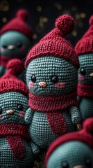 Adorable crocheted christmas penguin toys wearing red hats and scarves