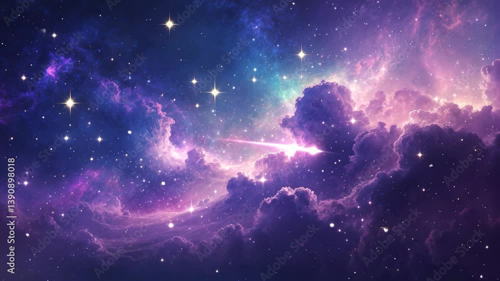 Poster cosmic abstract background showcasing sparkling stars and colorful clouds.