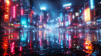 Fototapeta premium Cyberpunkinspired Digital Cityscape Neon Reflections HighTech Atmosphere UltraHd