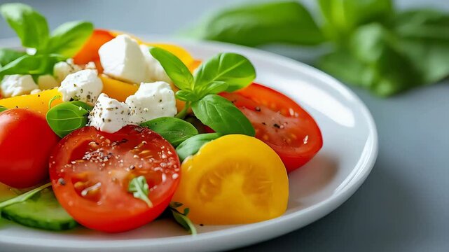 Colorful Caprese Salad: Fresh Tomatoes Mozzarella and Basil Delight on a white Plate