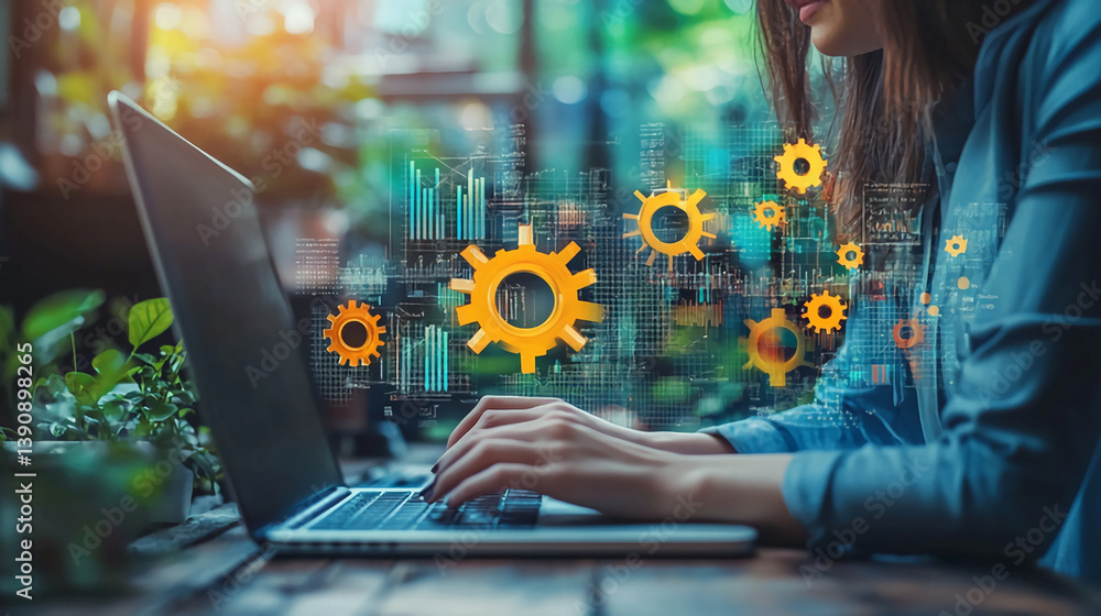 Poster woman using laptop for automation software development and data analysis with gears and charts overl