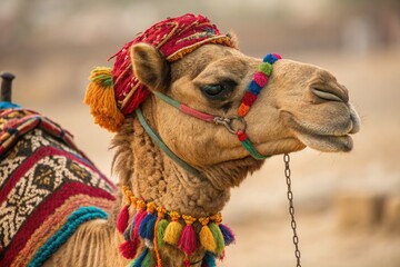 Camel Adorned With Colorful Accessories in Desert Setting Generative AI