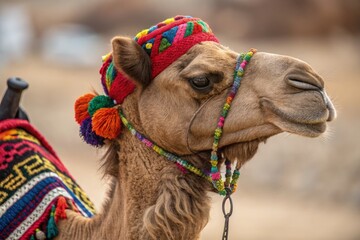 Camel Adorned With Colorful Decorations in Desert Setting Generative AI