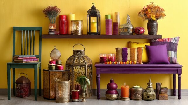 A festive Diwali home decor with lamps, gold, and silver decorations, and colorful tableaus