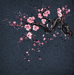 Realistic Sakura Blossom - Japanese Cherry Tree. Artistic Branch Plum Blossom. Vector