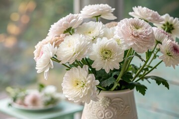 Fototapeta premium Elegant White Flowers in a Vase Brighten a Cozy Indoor Space Generative AI
