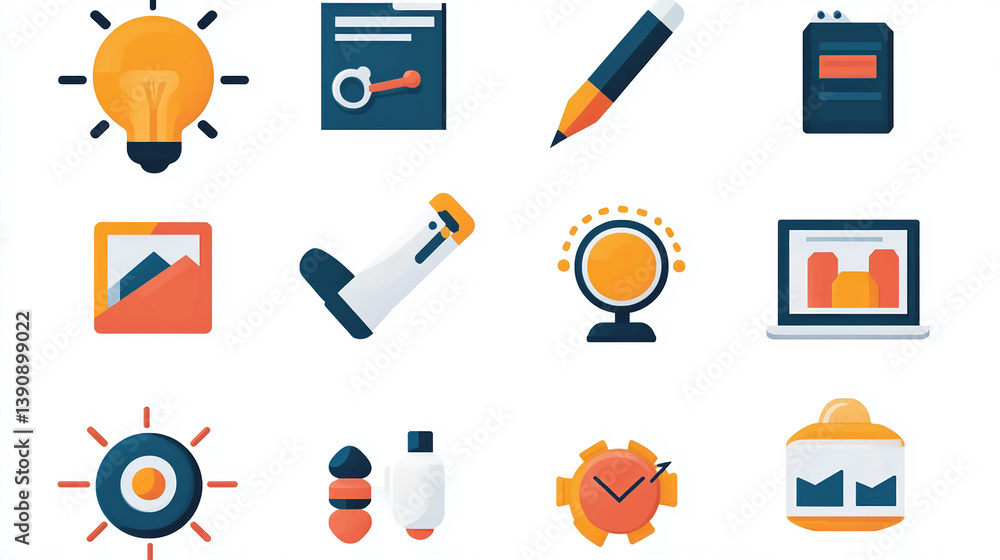 Aufkleber vector icons set for business and finance concept with lightbulb document and graph illustration des