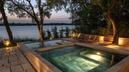 Serene evening view of modern outdoor pool by the lake surrounded by lush trees and soft lighting over tranquil waters