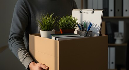 Man Holding Cardboard Box with Office Belongings After Job Loss