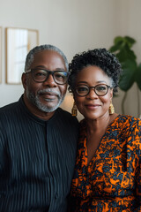 Portrait of a elderly couple sitting together, wearing earth-toned clothing in a light-filled room with white curtains, wooden details, and plants