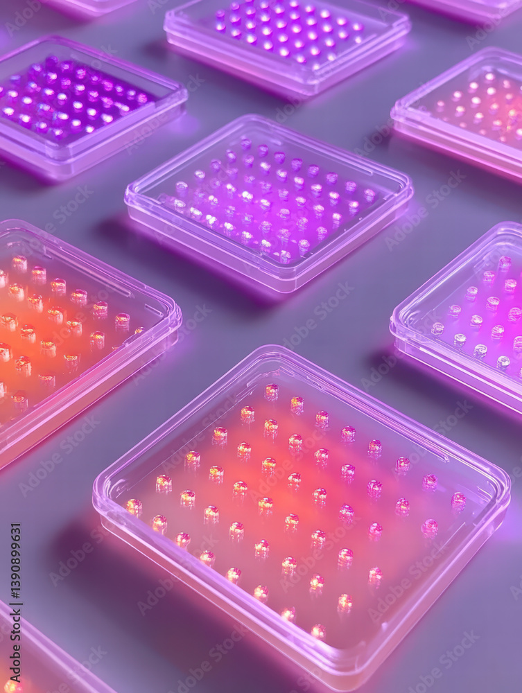 Poster illuminated square patterns: an eye-level shot unveils rows of square-shaped containers, their trans