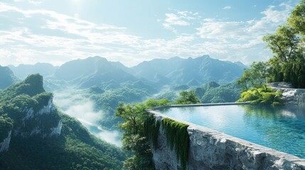 Serene Mountain View with Infinity Pool Overlooking Lush Green Valleys and Clear Blue Sky