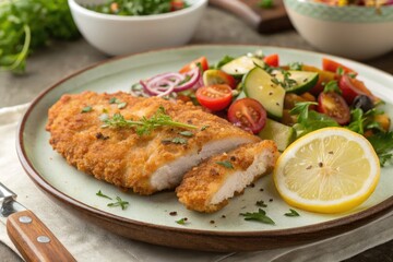 Crispy Fish Fillet Served With Fresh Garden Salad and Lemon Generative AI