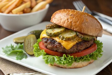 Delicious Cheeseburger Served With Pickles and Fries Generative AI
