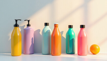 Colorful bottles arranged creatively against a bright background, Mockup Set with Bottles  