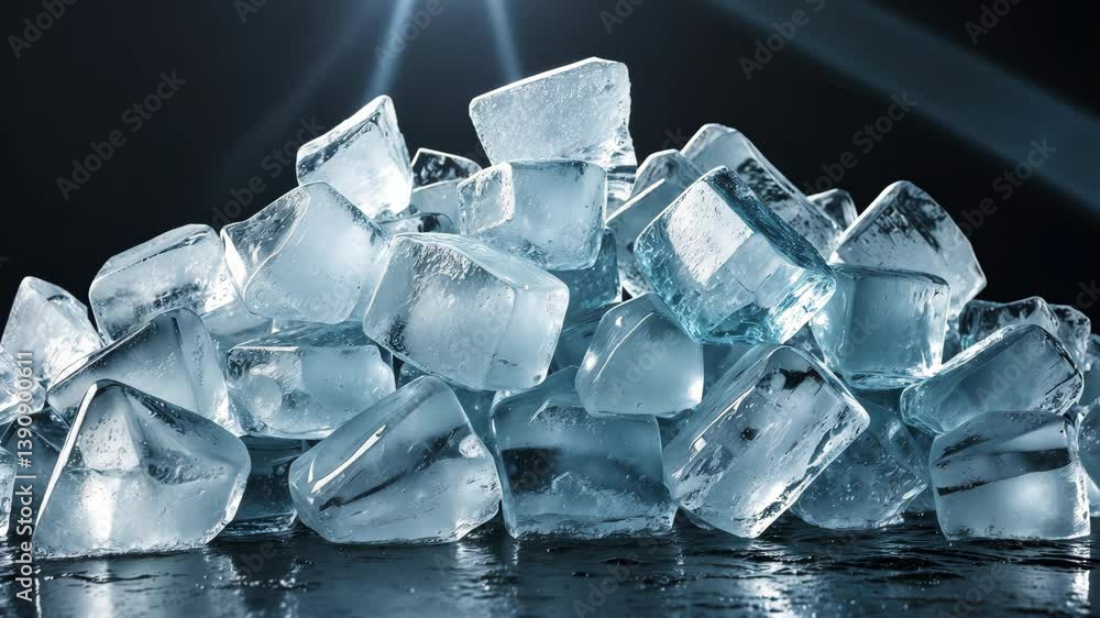 Poster stack of transparent crushed ice cubes on background.