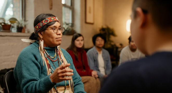 Indigenous elder sharing cultural wisdom in group setting
