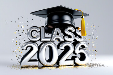 Graduation celebration for the class of 2025 with a cap and confetti decorations commemorating achievements