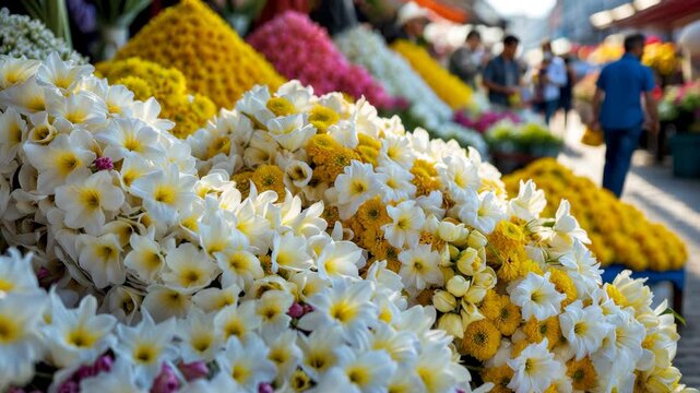 Morning flower market scene featuring flowers from various countries.