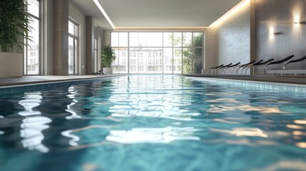 Modern Interior of Indoor Swimming Pool with Relaxing Atmosphere and Natural Light Streaming Through Large Windows