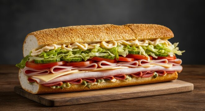 Fresh deli sub sandwich with turkey, ham, cheese, lettuce, and tomato on wooden board