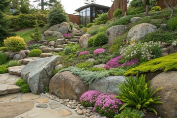 Obraz premium Beautiful Garden Landscape With Colorful Flowers and Stones Generative AI