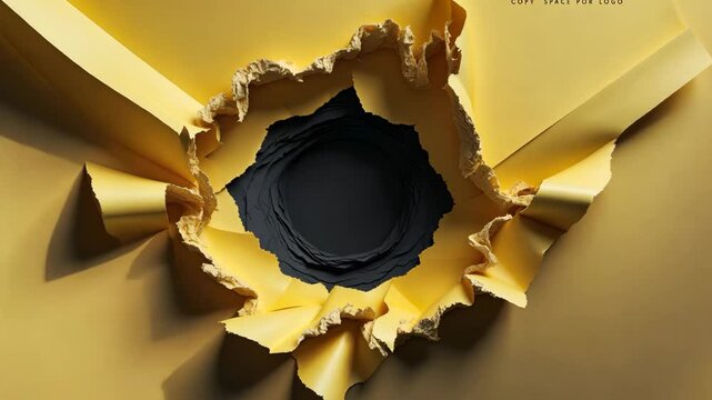 Yellow paper innovation flat lay on a black hole background with space for text. Artistic design, creative breakthrough concept or backdrop.