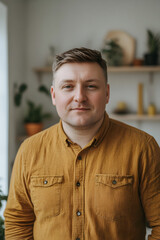 Portrait of a man with short hair, wearing a mustard shirt in a clean white room with light wood shelves and plants. Natural window light