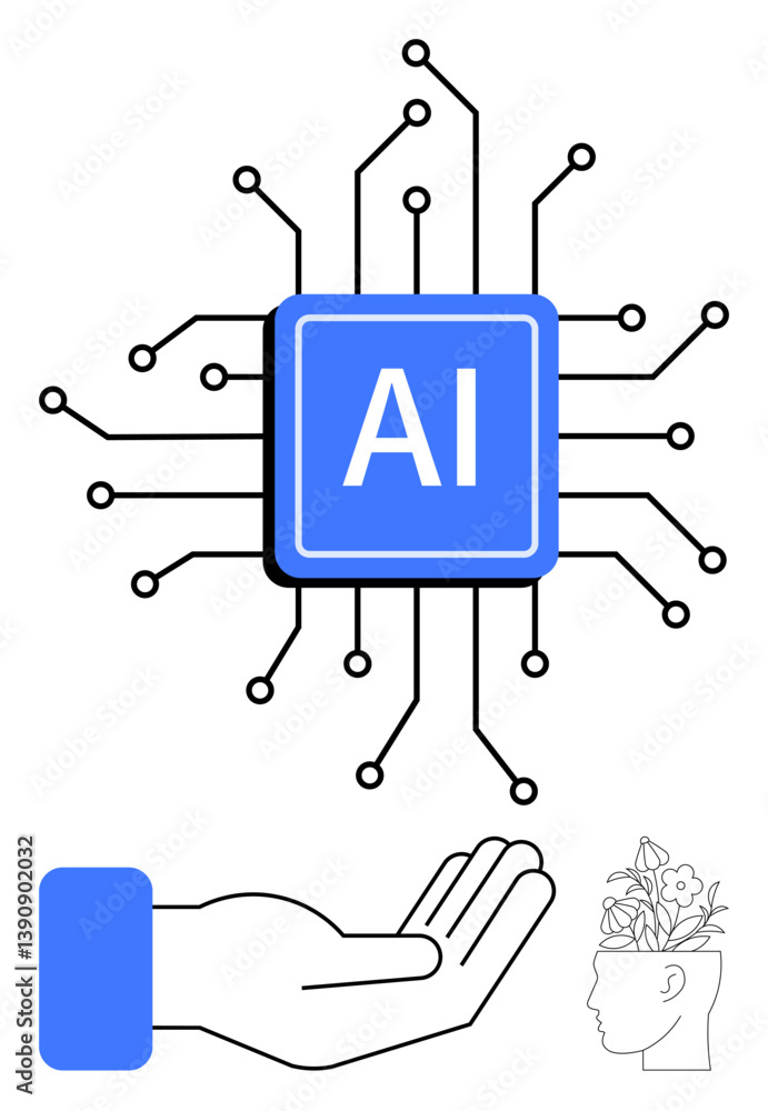 Aufkleber ai microchip with circuit lines, extended hand signifying guidance, and human head filled with flowe