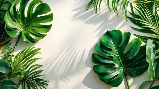 Top view of green tropical palm leaf branches on a white background. Area for text available.