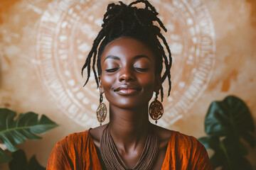 Portrait of a smiling woman with braids, wearing a terracotta top in a neutral-toned room with wooden decor and leafy plants. Light from window