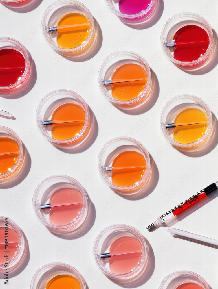 Poster colorful liquids in transparent containers: a visually striking overhead shot unveils an array of tr