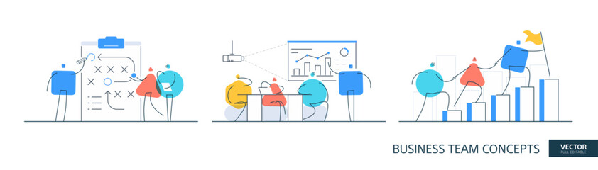 Leadership goal illustrations set in thin line style. Team growth abstract linear vector design concepts. Success stair flat icons. Tiny geometric people team.
