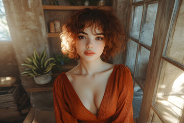 Portrait of a woman with short afro hair, wearing a rust-colored dress in a room with beige walls, wooden shelves, and a leafy plant near the window